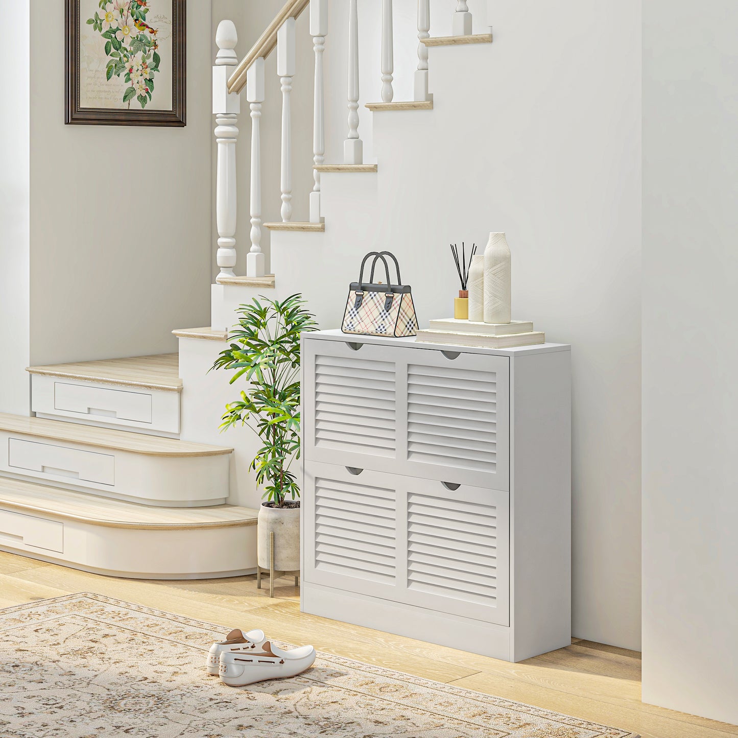 2 Drawers Entryway Shoe Cabinet, Narrow Shoe Storage Cabinet With 2 Flip Drawers, Louvred Door Design And Adjustable Shelves For 16 Pairs Of Shoes, White