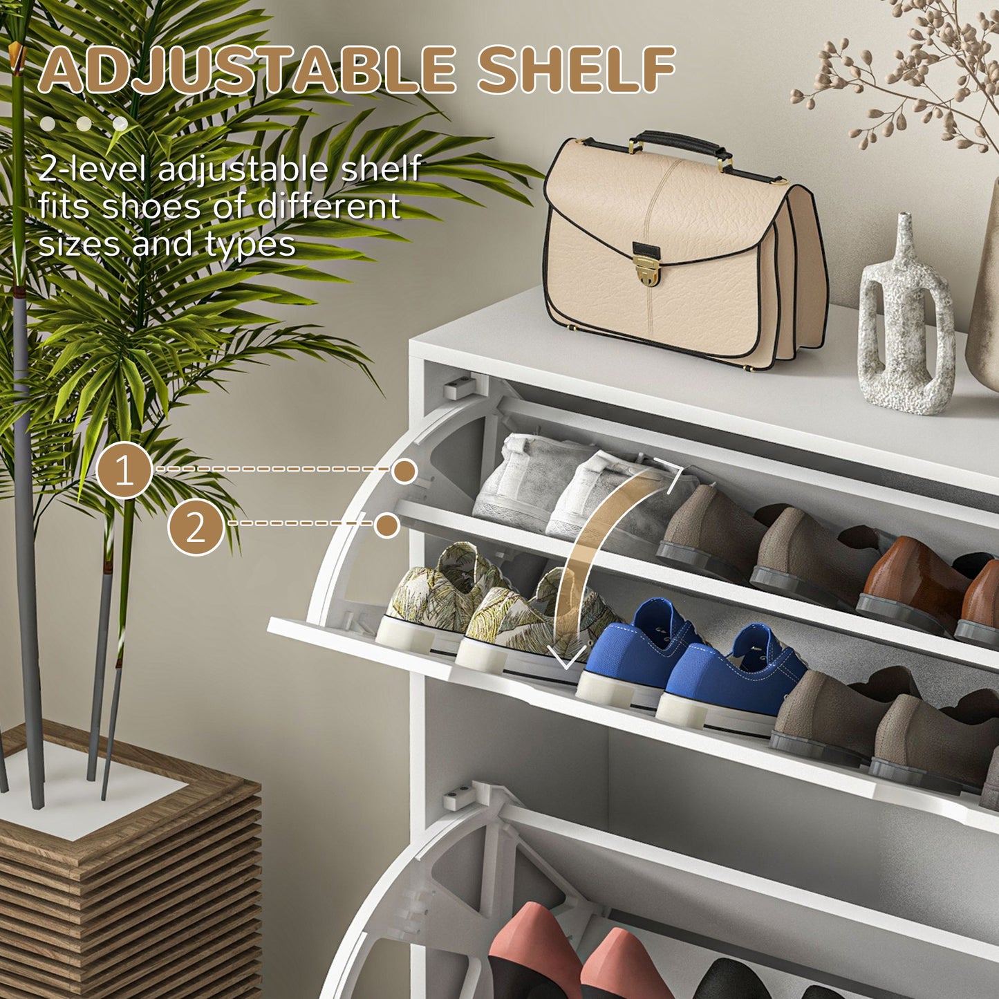 2 Drawers Entryway Shoe Cabinet, Narrow Shoe Storage Cabinet With 2 Flip Drawers, Louvred Door Design And Adjustable Shelves For 16 Pairs Of Shoes, White