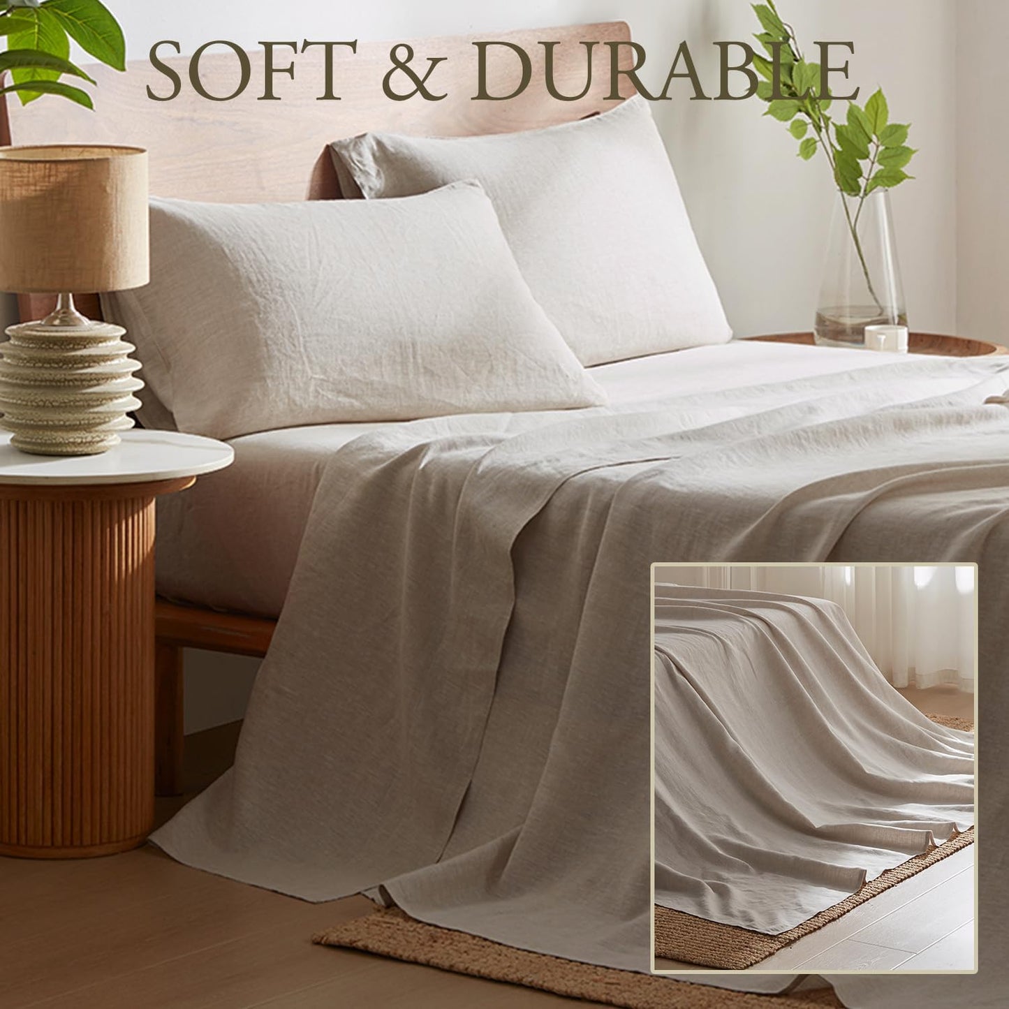 Pure Linen Sheets Set, 100% French Linen from Normandy, Breathable and Durable for Hot Sleepers, 4 Pcs Set - 1 Flat Sheet, 1 Fitted Sheet, 2 Pillowcases (Natural Linen, Full)