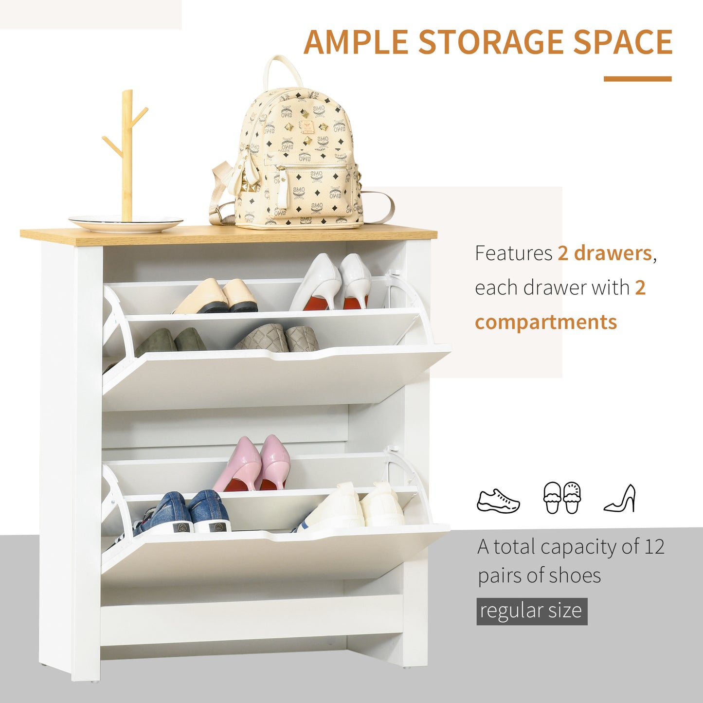 Narrow Shoe Cabinet, Space Saving Shoe Storage Cabinet With 2 Flip Drawers And Adjustable Shelves For 6-12 Pairs Of Shoes For Hallways And Living Room, White