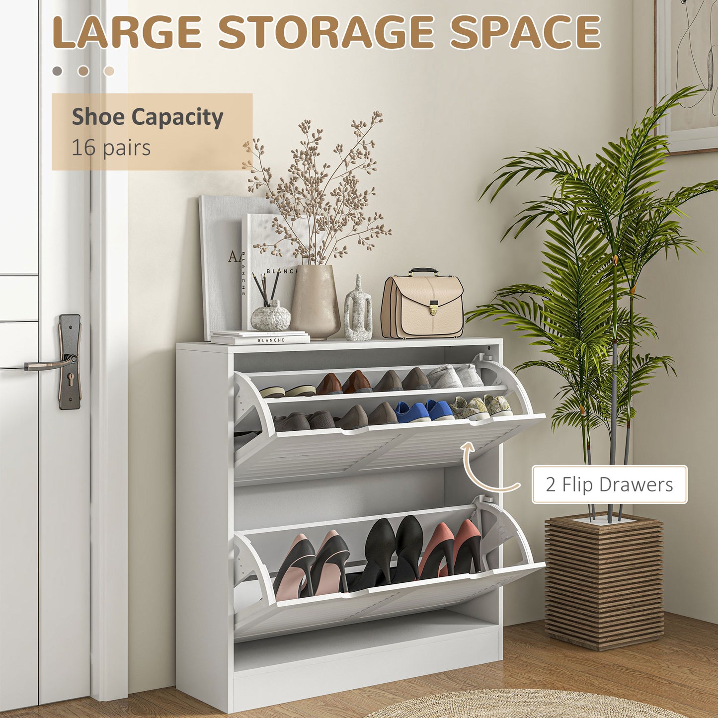 2 Drawers Entryway Shoe Cabinet, Narrow Shoe Storage Cabinet With 2 Flip Drawers, Louvred Door Design And Adjustable Shelves For 16 Pairs Of Shoes, White