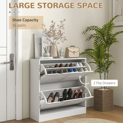 2 Drawers Entryway Shoe Cabinet, Narrow Shoe Storage Cabinet With 2 Flip Drawers, Louvred Door Design And Adjustable Shelves For 16 Pairs Of Shoes, White