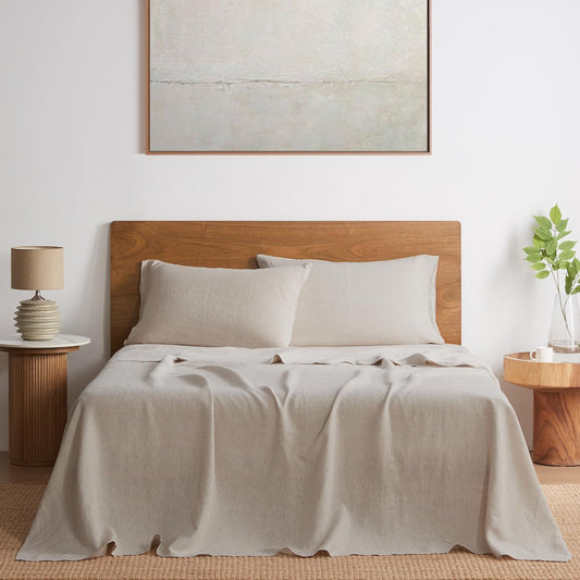 Pure Linen Sheets Set, 100% French Linen from Normandy, Breathable and Durable for Hot Sleepers, 4 Pcs Set - 1 Flat Sheet, 1 Fitted Sheet, 2 Pillowcases (Natural Linen, Full)
